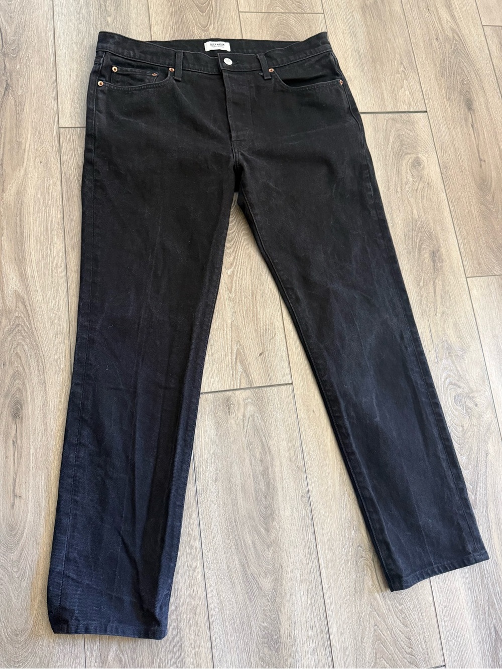 Buck Mason Mens Maverick Slim Jeans Black Denim 36x30 Made In USA Button Fly